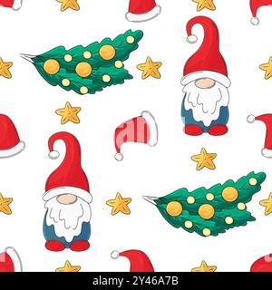 Vacanze di Natale. Motivo senza cuciture in stile disegno a mano. Cappelli di Capodanno, gnomi. Può essere utilizzato per tessuti Illustrazione Vettoriale