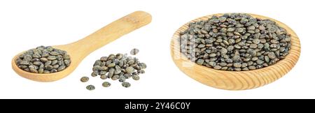 lenticchie verdi francesi grezze in una ciotola di legno e cucchiaio isolato su sfondo bianco con profondità di campo completa Foto Stock