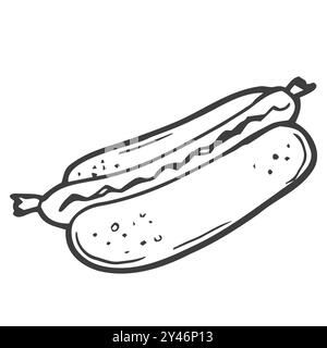 Illustrazione vettoriale. Doodle disegnato a mano di hot dog con senape. Cibo malsano. Schizzo del cartone animato. Decorazioni per menu, insegne, vetrine, saluti Illustrazione Vettoriale