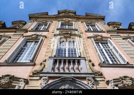 Facciata con ornamenti architettonici ad altorilievo sopra le finestre del 1750 Castello di Poeke / Kasteel van Poeke in stile rococò, Aalter, Fiandre Orientali, Belgio Foto Stock