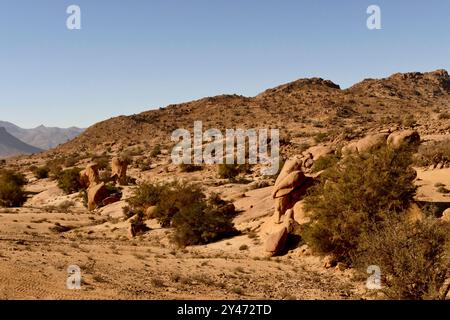 Tafraoute sorge a nord-ovest della valle di Ameln, punteggiata di rocce di granito rosa, nella catena di quarzo del Djebel el Kest. Marocco, Nord Africa Foto Stock