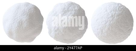 Set di palle di neve, isolate su sfondo bianco. Ogni palla da neve ha una forma perfetta con una texture morbida e soffice, che la rende ideale per l'inverno Foto Stock