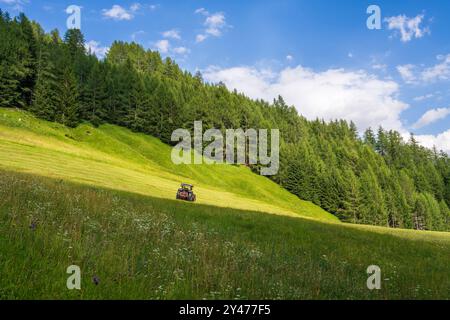 Piccolo trattore si trova sul pittoresco pendio di una fattoria alpina in Austria Foto Stock