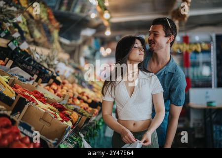 Amici che acquistano con gioia prodotti freschi presso il fruttivendolo locale Foto Stock