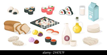 Prodotti a base di riso e alimenti. Piatti tradizionali asiatici a base di riso e ingredienti, cartoni animati gelsomino di basmati riso selvatico. Set isolato vettoriale. Illustrazione Vettoriale