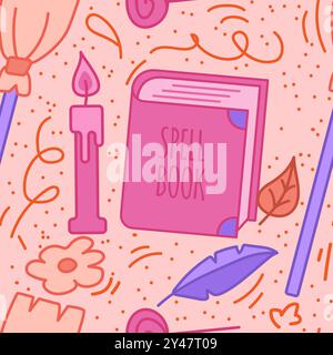 Simpatico motivo di Halloween con libro di incantesimi con cimice, candela e scopa da strega. Magica texture da festa nei colori arancione, rosa e viola. Illustrazione Vettoriale