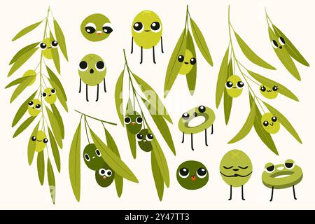Personaggi delle olive dei cartoni animati. Simpatico sorriso organico con emozioni diverse, divertenti emoticon vegetali per un design di giochi a fumetti. Gruppo vettoriale. Illustrazione Vettoriale