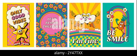 Poster dei cartoni animati. Stampa psichedelica anni '70 anni '80 con fiori spaziali astratti ed elementi psichedelici. Set di banner positivi vettoriali funky Illustrazione Vettoriale