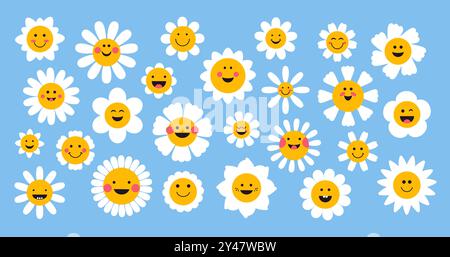 Fiori di margherita. Cartoni animati simpatiche icone camomilla con volti divertenti ed emozioni diverse, positive piante floreali comiche in fiore. Gruppo vettoriale. Illustrazione Vettoriale