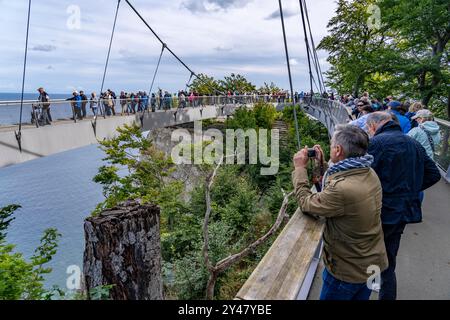 Lo Skywalk Königsstuhl sulle scogliere di gesso di Rügen, piattaforma panoramica sulla famosa formazione rocciosa di Königsstuhl, senza barriere, nel Jasmund National Foto Stock