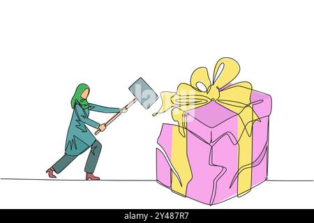 Una linea continua che disegna una donna d'affari araba che si prepara a colpire una grande confezione regalo. L'uomo d'affari esprime delusione. Distruggendo tutto ciò che si vede. A. Illustrazione Vettoriale