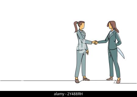 Una linea continua che attira due donne d'affari che stringono la mano. Uno di loro tiene il coltello dietro. Preparatevi a pugnalare. Deve vincere a tutti i costi. Trai Illustrazione Vettoriale