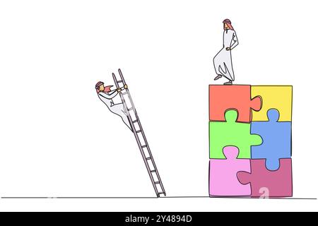 Una linea continua che disegna un uomo d'affari arabo calci l'avversario che sale il puzzle con le scale. Tradito da un collega quando risolve con successo un professionista Illustrazione Vettoriale