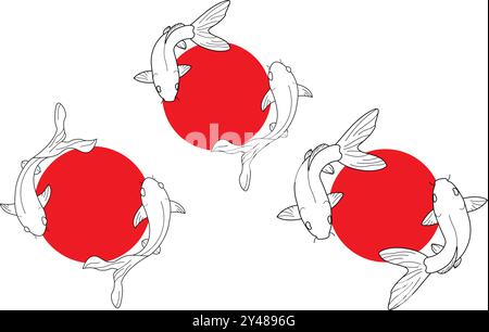 Icona del pesce cinese. sottomarino con il simbolo del tonno o del pesce koi. Vita marina acquatica con il tradizionale segno vettoriale di carpa dorata. Diario della linea di pesce koi cinese Illustrazione Vettoriale