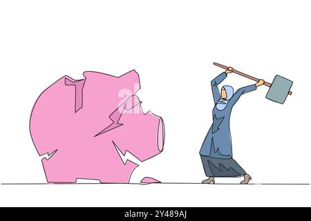 Una linea continua che disegna una donna d'affari araba che si prepara a colpire un grande salvadanaio. A corto di capitale. Affari non redditizi. Sto cercando nuova fortuna. Illustrazione Vettoriale