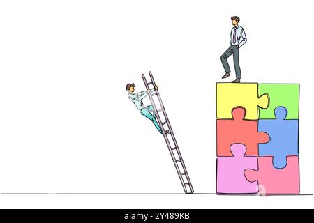 Un uomo d'affari che disegna una linea continua calci l'avversario che sale il puzzle con le scale. Tradito da un collega quando risolve con successo un problema Illustrazione Vettoriale