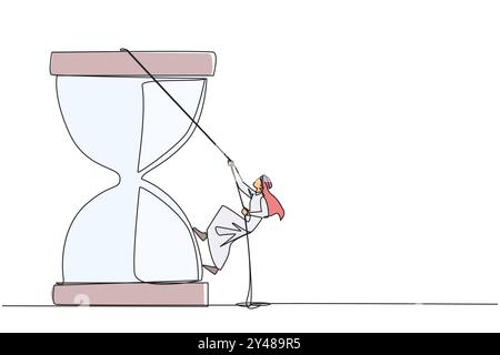 Linea singola continua che disegna un uomo d'affari arabo si arrampica con la clessidra con la corda. Il conto alla rovescia è impostato. La scadenza sta per arrivare. La gestione del tempo deve essere goo Illustrazione Vettoriale