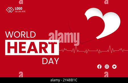 Post design sui social media del World Heart Day con effetto cuore tagliato in carta, battito cardiaco e icone sui social media. Illustrazione Vettoriale