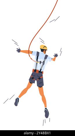 Persona bungee jumping che indossa l'imbracatura di sicurezza, casco e guanti. Avventura sport estremi attività all'aperto Illustrazione Vettoriale