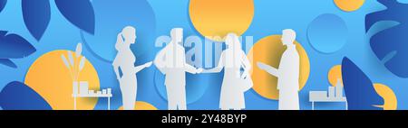 Uomini d'affari che incontrano silhouette strette di mano design moderno. Figure tagliate in carta su sfondo blu e giallo astratto con foglie e decorazioni Illustrazione Vettoriale