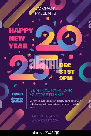 Poster vettoriale di Capodanno dal design vivace con numero 2015 e modello di testo circondato da linee sfumate e coriandoli colorati. Il poster con geomet Illustrazione Vettoriale