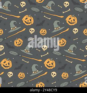 Motivo di Halloween disegnato a mano con stella, cappello magico, ginestra, zucca, ossa, cranio. Illustrazione vettoriale. Decorazione per la festa di Halloween. Illustrazione Vettoriale