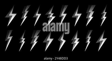 Collezione di icone Lightning bolt. Simbolo flash tratteggiato, thunderbolt. Semplice segno di fulmine. Ombreggiatura a punti, disegno. Illustrazione vettoriale Illustrazione Vettoriale