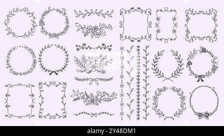 Set di oggetti decorativi floreali disegnati a mano. Cornici, bordi, ghirlande e divisori di testo. 24 graziosi oggetti per scarabocchi isolati su bianco. Illustrazione vettoriale. Illustrazione Vettoriale