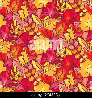 Vivace motivo senza cuciture di foglie autunnali brillanti in stile cartoni animati. Perfetto per il web design stagionale, i materiali di stampa, i tessuti e gli sfondi Illustrazione Vettoriale