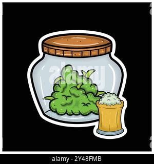 Aroma di birra alla radice con Cartoon Mascot of Weed Bud on Jar. Per adesivo ed etichetta. Vettore e illustrazione. Illustrazione Vettoriale