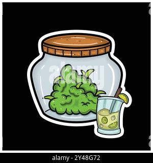 Sapore Mojito con Cartoon Mascot of Weed Bud on Jar. Per adesivo ed etichetta. Vettore e illustrazione. Illustrazione Vettoriale