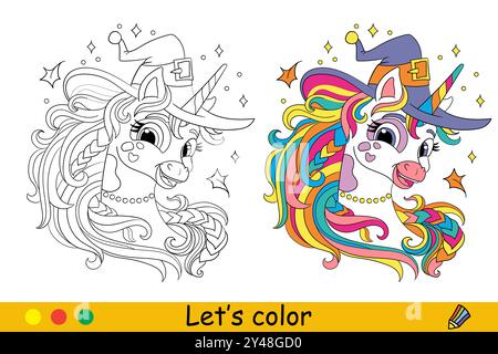 Testa di unicorno carina e divertente in un cappello da streghe. Concetto di Halloween. Pagina libro da colorare per bambini con modello colorato. Illustrazione di un cartone animato vettoriale. Illustrazione Vettoriale