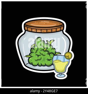Sapore Margarita con Cartoon Mascot of Weed Bud on Jar. Per adesivo ed etichetta. Vettore e illustrazione. Illustrazione Vettoriale
