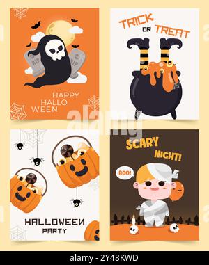 Disegni di poster a tema Halloween con personaggi e decorazioni. Illustrazioni vettoriali. Illustrazione Vettoriale