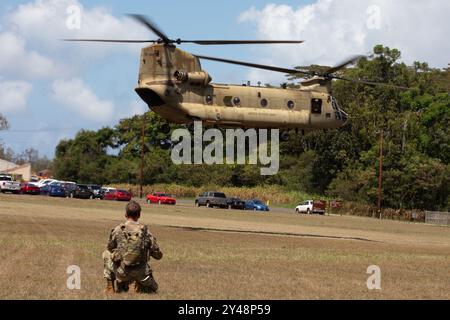 Un Boeing CH-47 Chinook dell'esercito americano con Bravo Company, 3rd Battalion, 25th Aviation Regiment, 25th Combat Aviation Brigade, 25th Infantry Division, lascia la zona di atterraggio dopo aver trasportato i soldati assegnati a Signal, Intelligence, and Sustainment Company, Headquarters and Headquarters Battalion, 25th ID, per la competizione Best Division Tactical Actions Center a Schofield Barracks il 13 settembre 2024. L'evento è per i soldati della serie 25 per competere e dimostrare le loro capacità di comunicazione di rete sul campo. (Foto dell'esercito degli Stati Uniti del sergente Brandon Roland) Foto Stock