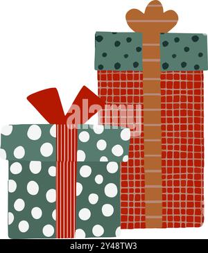 Due confezioni regalo dal design unico ed elegante, perfette per le vacanze natalizie. Grafica vettoriale disegnata a mano per la progettazione di siti web, articoli, opuscoli, volantini, e-pack, etichetta o pubblicità. Illustrazione Vettoriale