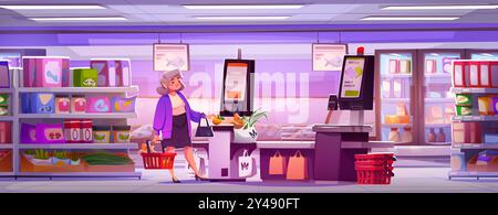 Cliente donna con negozio di alimentari nel carrello della spesa nell'area di servizio del supermercato con chiosco self-out. Acquirente donna in negozio con prodotti su rack e moderno terminale senza contatto automatizzato. Illustrazione Vettoriale