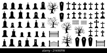 Lapidi del cimitero con croci, cimiteri e lapidi, recinzione vettoriale e alberi. Bare e cofanetti con lapidi e croce Rip, memoriale in pietra tombale con cripte e sagome funerarie Illustrazione Vettoriale