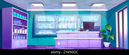 Interno del negozio di farmacia dell'ospedale. Scaffali in negozio medico vicino al banco con sfondo vettoriale di esposizione di farmaci. Moderna clinica supermercato per la vendita pillola, vaccino e prodotti di assistenza sanitaria design panorama Illustrazione Vettoriale