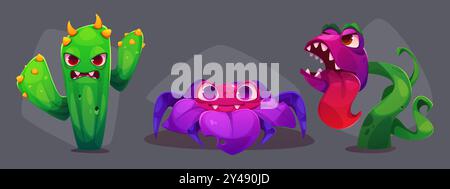 Piante mostruose spaventose e fiori con volti, bocche e denti spaventosi. Serie di illustrazioni vettoriali di fantasia, orribili creature da giardino carnivore. Design dell'interfaccia utente del gioco personaggio alieno pericoloso. Illustrazione Vettoriale