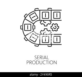 Icona della linea di produzione seriale automatica e manuale. Linea di assemblaggio di impianti macchinari automatici, attrezzature di produzione manuali di fabbrica o simbolo del vettore di automazione robot con scatole sul trasportatore Illustrazione Vettoriale