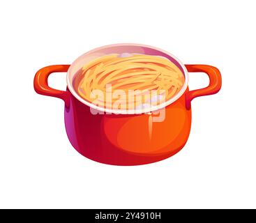 Processo di cottura della pasta. Vaso rosso vettoriale isolato riempito di spaghetti bollenti, pasta o spaghetti, che enfatizza il calore e il comfort di piatti fatti in casa, cucina, cucina casalinga e temi di cucina Illustrazione Vettoriale