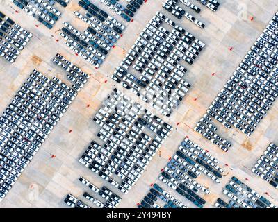 Vista aerea della logistica automobilistica. Parcheggio della fabbrica pieno di file di auto nuove. Produzione e distribuzione di veicoli moderni. Importazione o esportazione Foto Stock