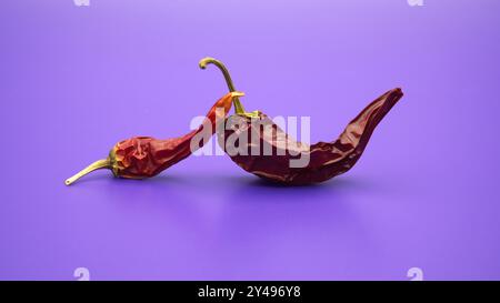Due peperoncini rossi secchi con gambi verdi presentati su un vivace sfondo viola ultravioletto Foto Stock