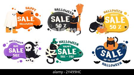 Striscioni colorate in saldi di Halloween con simpatici gatti, fantasmi ed elementi spettrali per l'uso promozionale Illustrazione Vettoriale