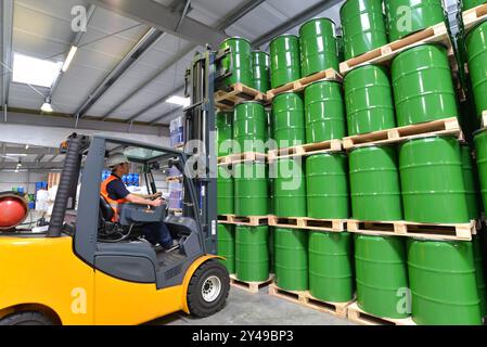 Gruppo di lavoratori nell'industria logistica lavorare in un magazzino con prodotti chimici - Sollevamento del carrello Foto Stock