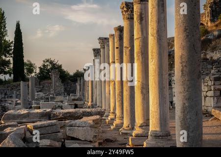 Vista serale della strada colonnata nell'antica città di Efeso a Selcúk Foto Stock