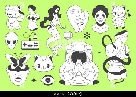 Y2K Comic minimal retro groove line icon concept set psichedelico illustrazione vettoriale piatta. Hype arte pop contemporanea Kawaii Bear Cat astronauta alien G. Illustrazione Vettoriale