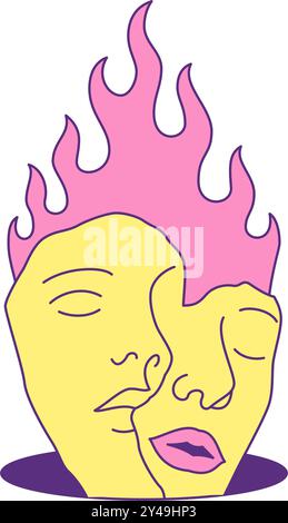 Y2K amore psichedelico cuore coppia faccia con fiamma bruciata in buco icona vettoriale flat illustrazione. Uomo e donna per relazioni romantiche arte pop contemporanea Illustrazione Vettoriale