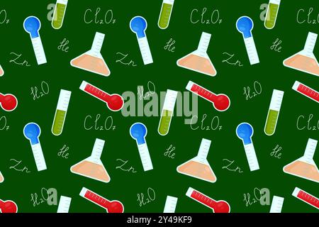 Modello vettoriale senza cuciture con apparecchiature colorate da laboratorio per chimica, tra cui provette, matracci e termometri, su sfondo verde scuro. Illustrazione Vettoriale